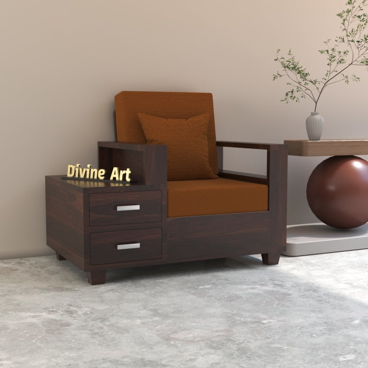Colaba Sheesham Wood 1 Seater Sofa with Side Box Drawer | Walnut Finish