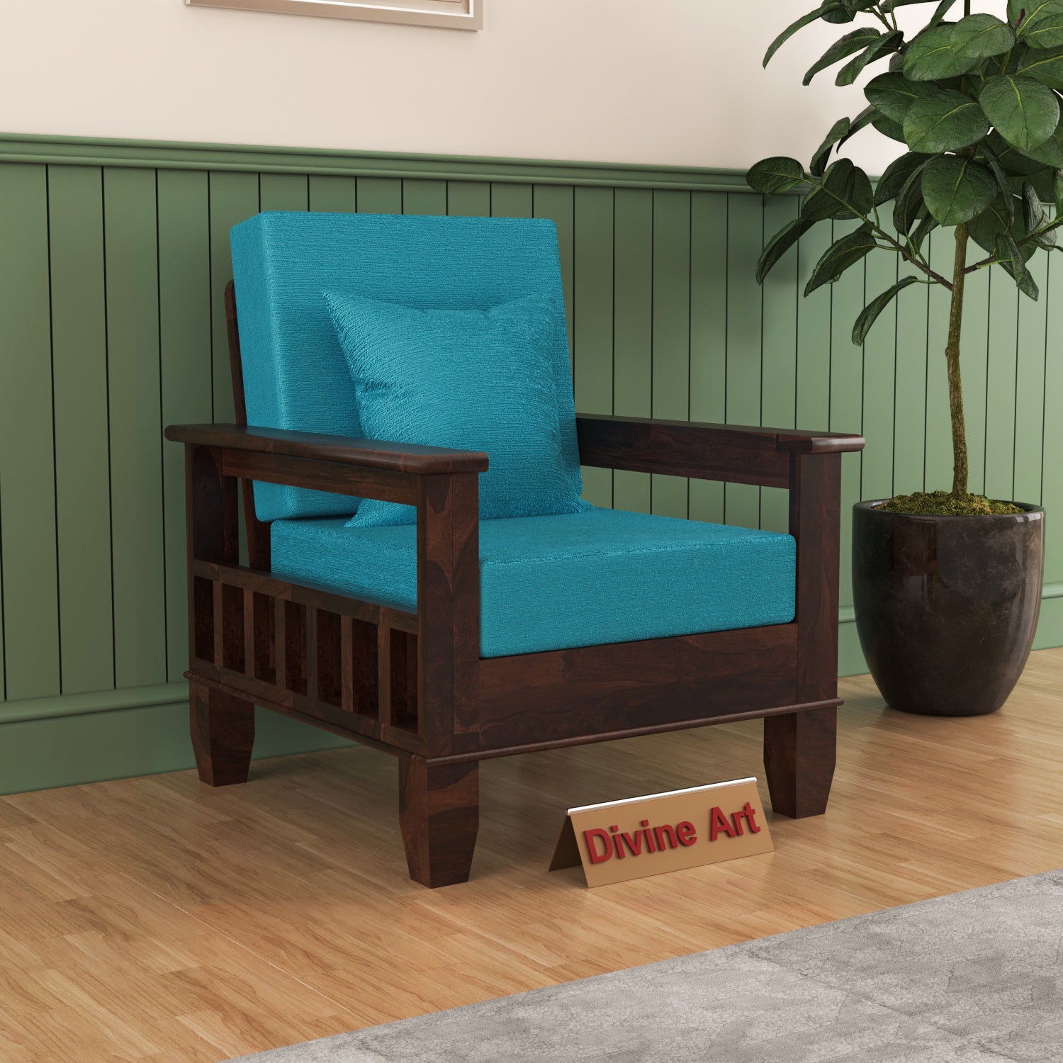 Solid Sheesham Wood Single Seater Sofa Chair with Teal Upholstery – Walnut Finish