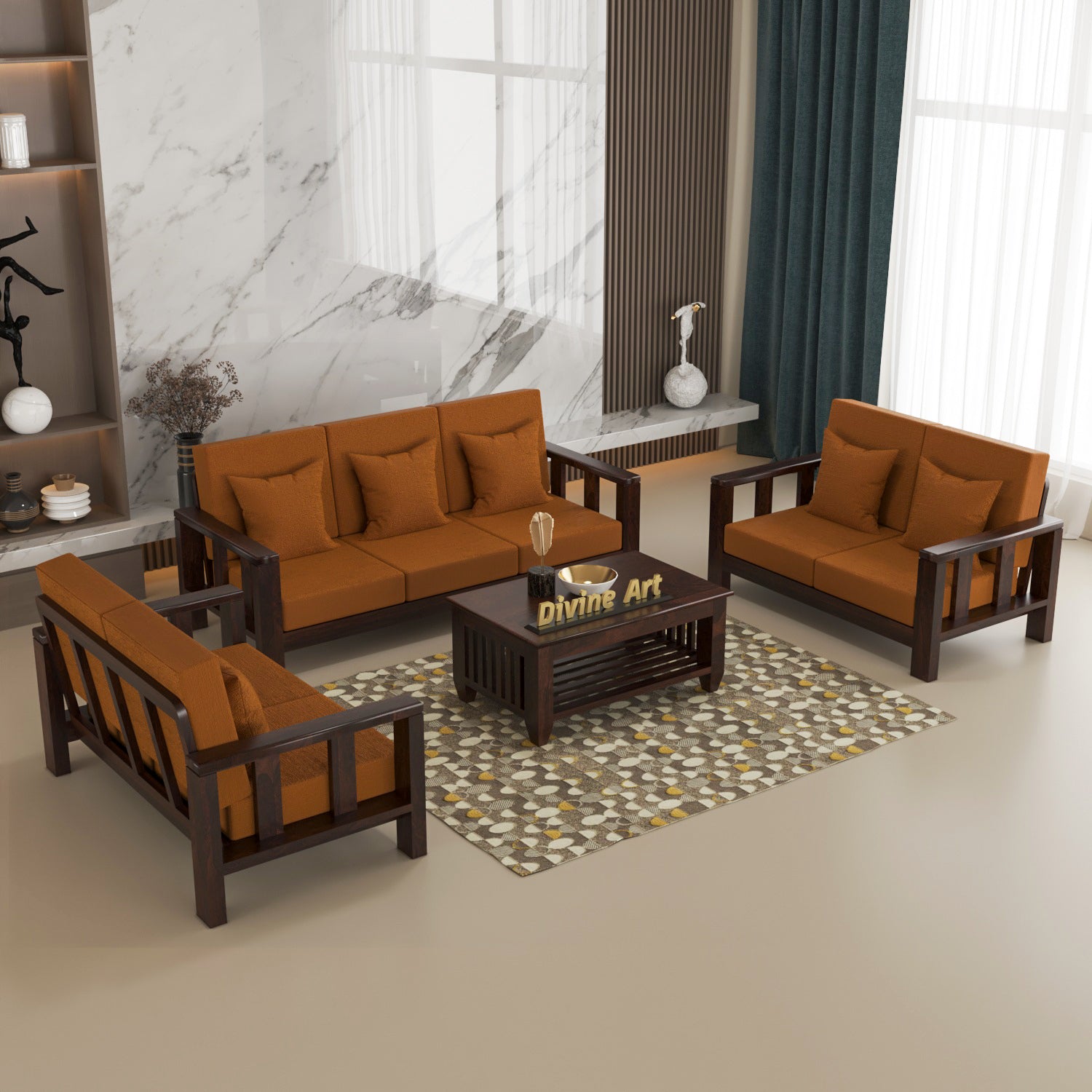 Solid Sheesham Wood 7 Seater Wooden Sofa Set For Modern Living Room