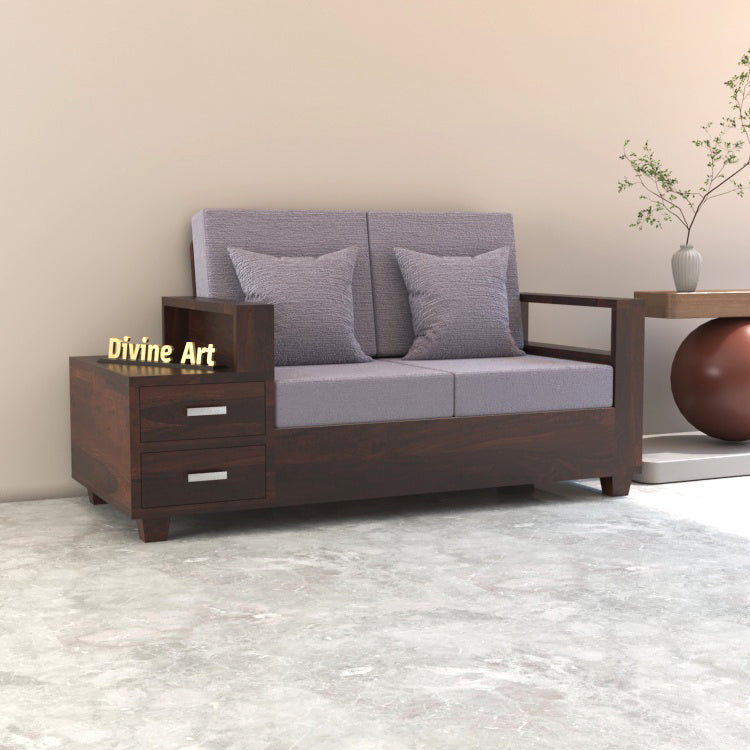 Lunaris Sheesham Wood 2 Seater Sofa with Side Box Drawer | Walnut Finish