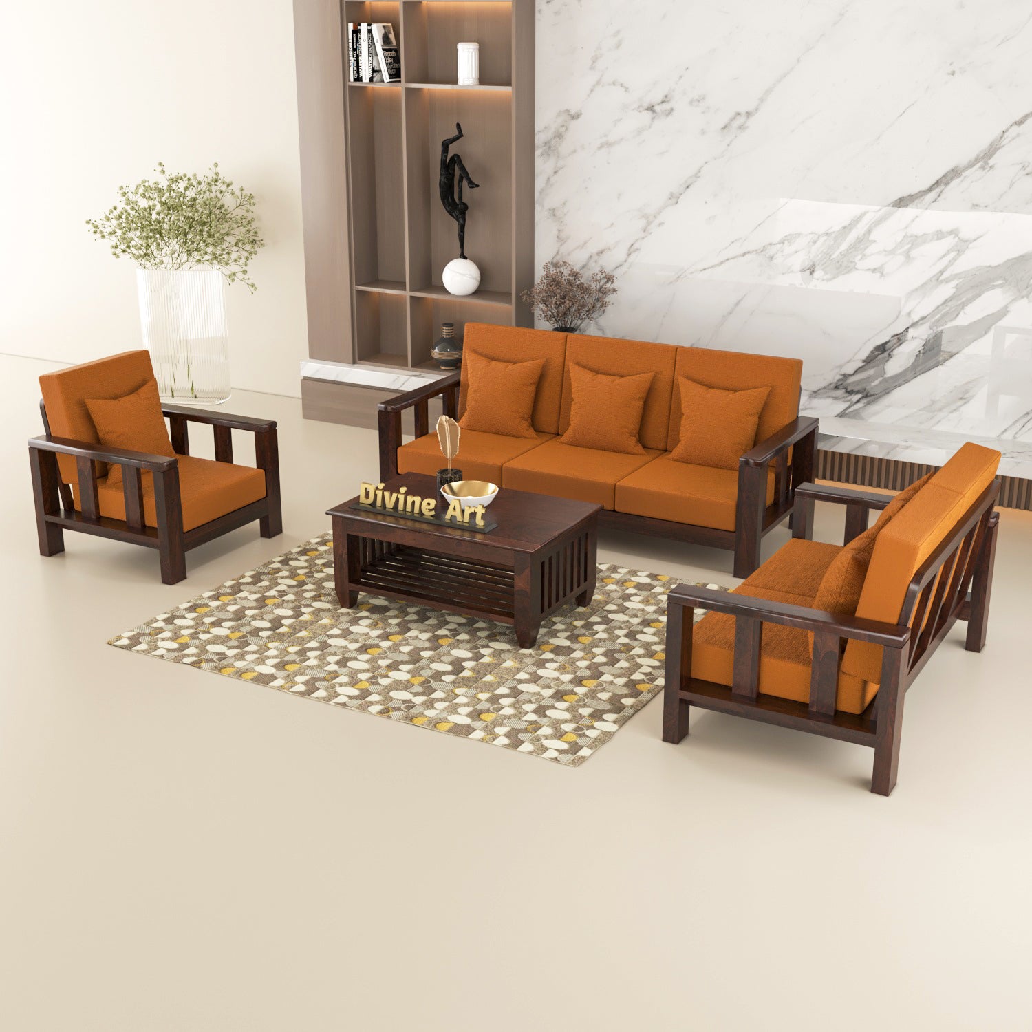 Premium Solid Sheesham Wood 6 Seater Wooden Sofa Set (3+2+1) | Walnut Finish