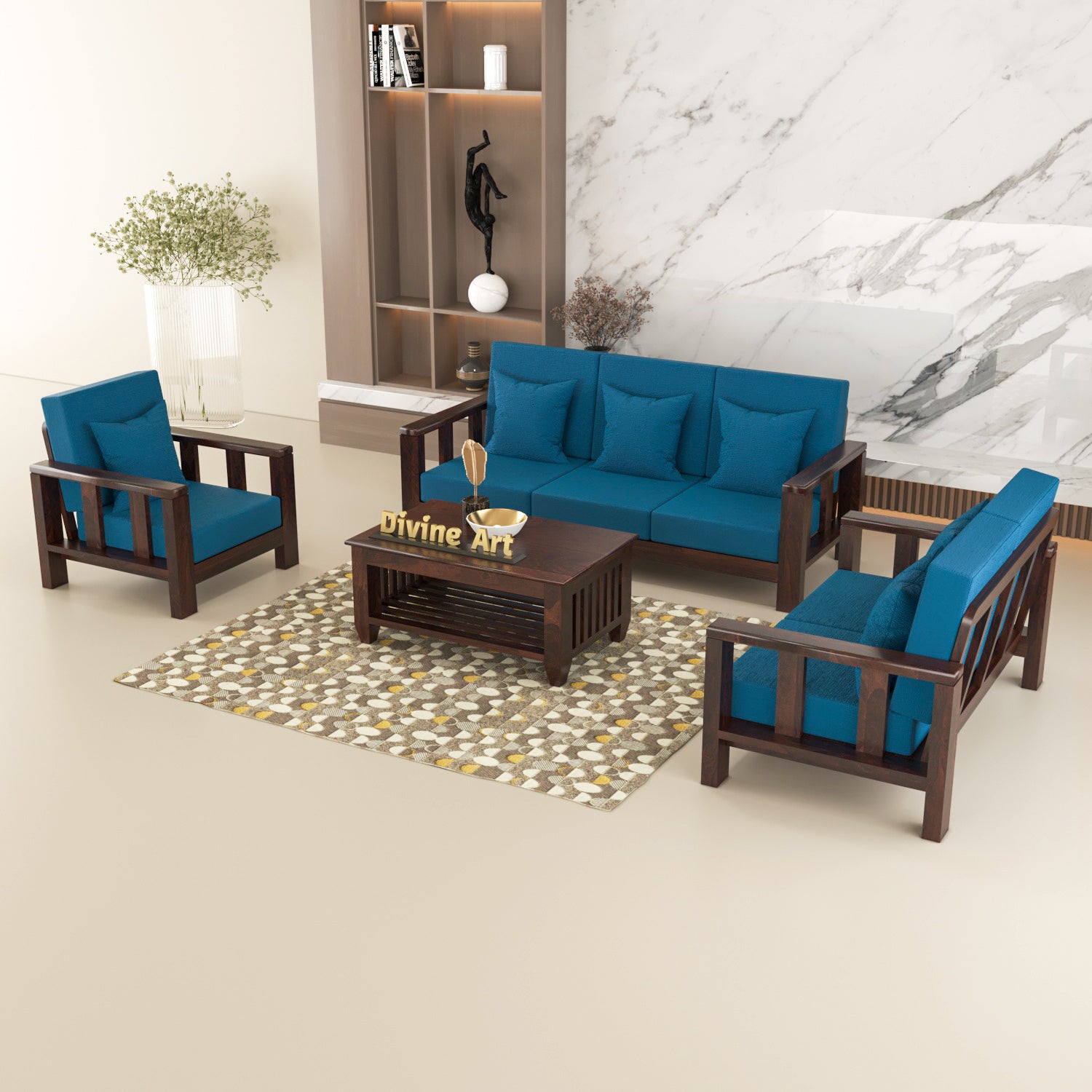 Premium Solid Sheesham Wood 6 Seater Wooden Sofa Set (3+2+1) | Walnut Finish