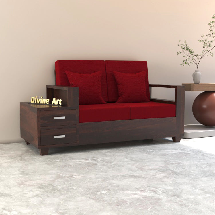 Lunaris Sheesham Wood 2 Seater Sofa with Side Box Drawer | Walnut Finish