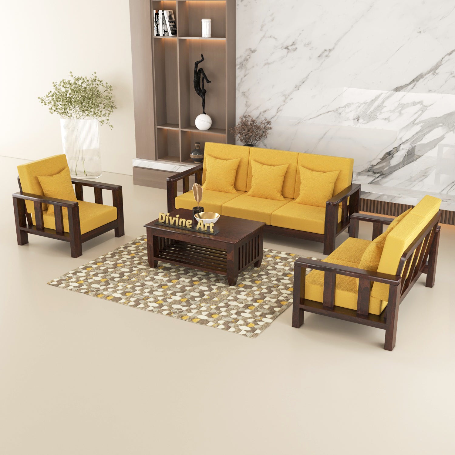 Premium Solid Sheesham Wood 6 Seater Wooden Sofa Set (3+2+1) | Walnut Finish