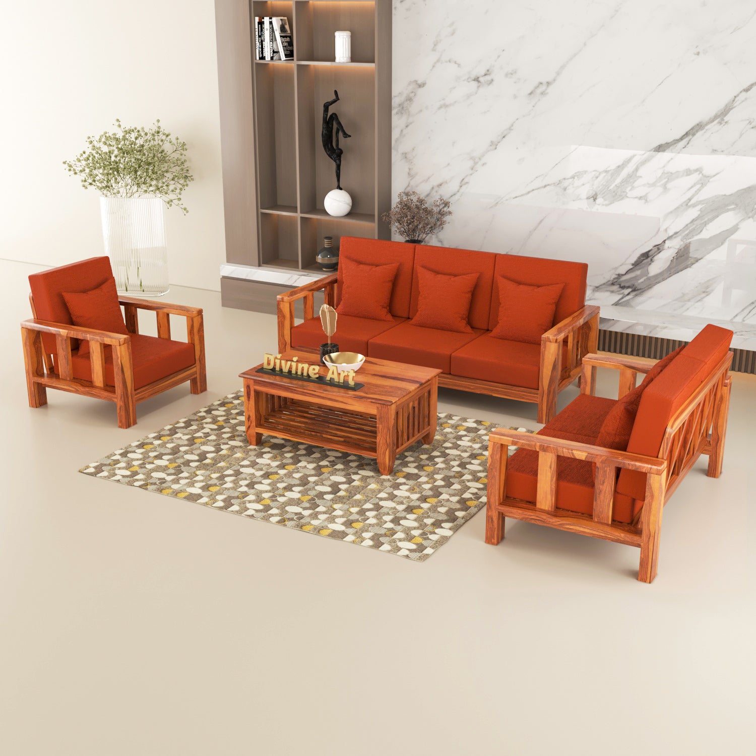 Premium Solid Sheesham Wood 6 Seater Wooden Sofa Set (3+2+1)