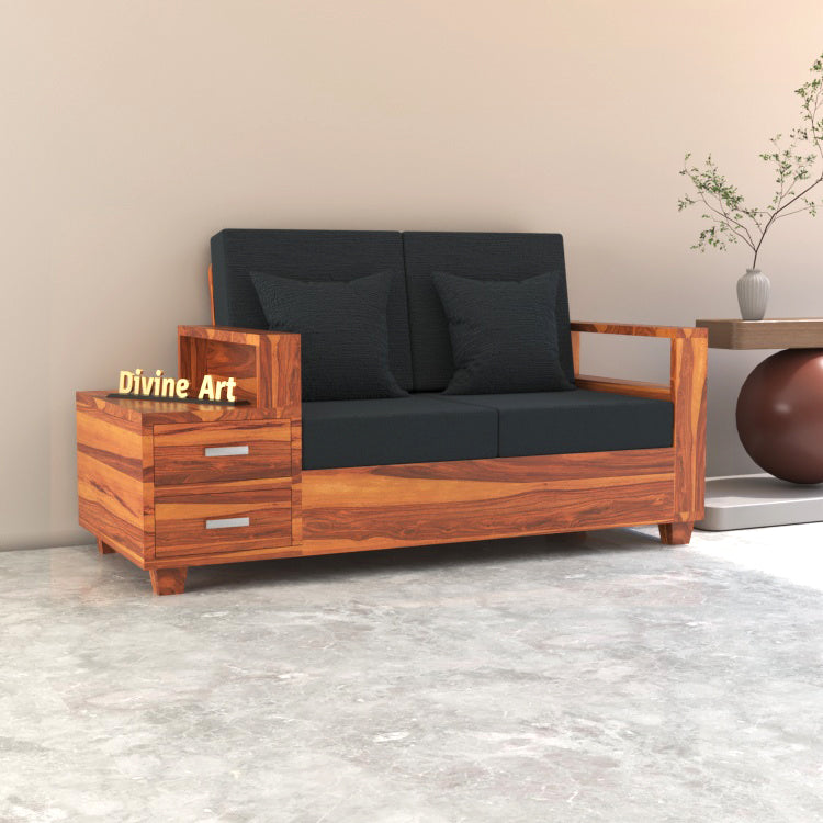 Lunaris Sheesham Wood 2 Seater Sofa with Side Box Drawer | Natural Finish