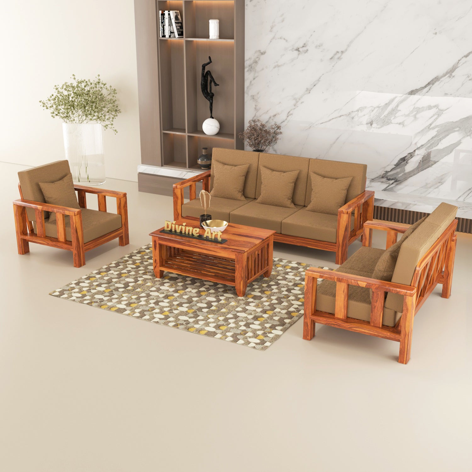 Premium Solid Sheesham Wood 6 Seater Wooden Sofa Set (3+2+1)