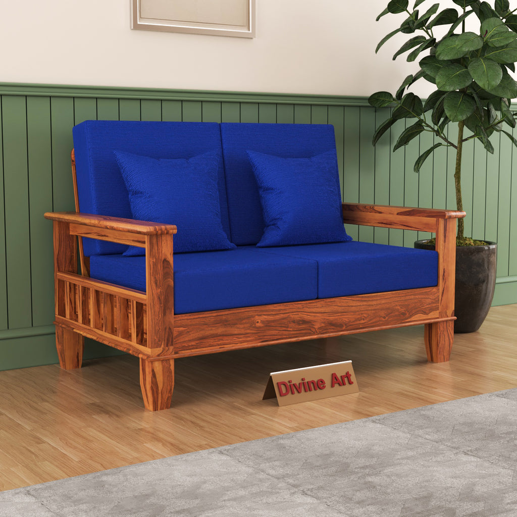 Solid Sheesham Wood 2 Seater Sofa with Blue Upholstery – Natural Finish