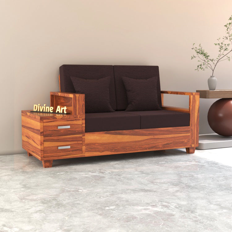 Lunaris Sheesham Wood 2 Seater Sofa with Side Box Drawer | Natural Finish