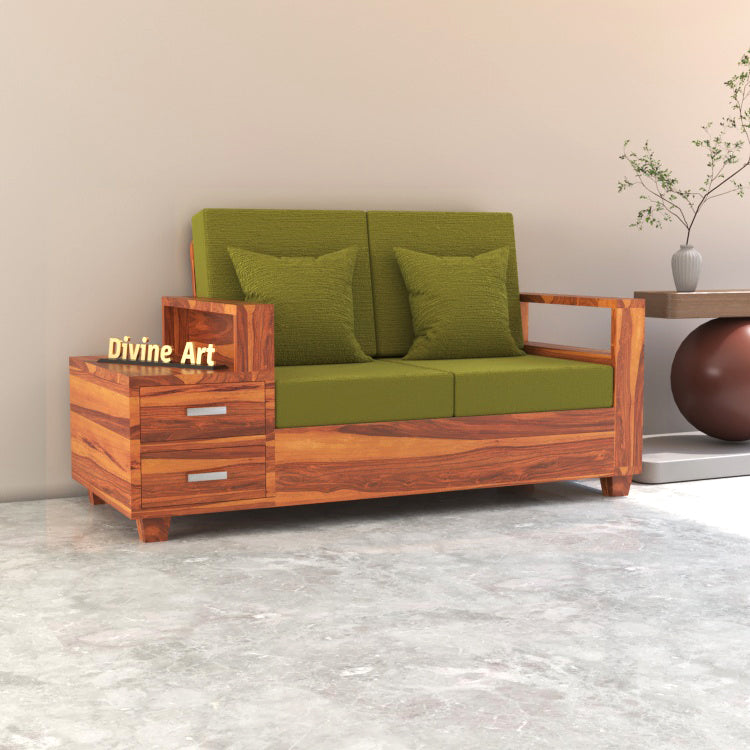 Lunaris Sheesham Wood 2 Seater Sofa with Side Box Drawer | Natural Finish