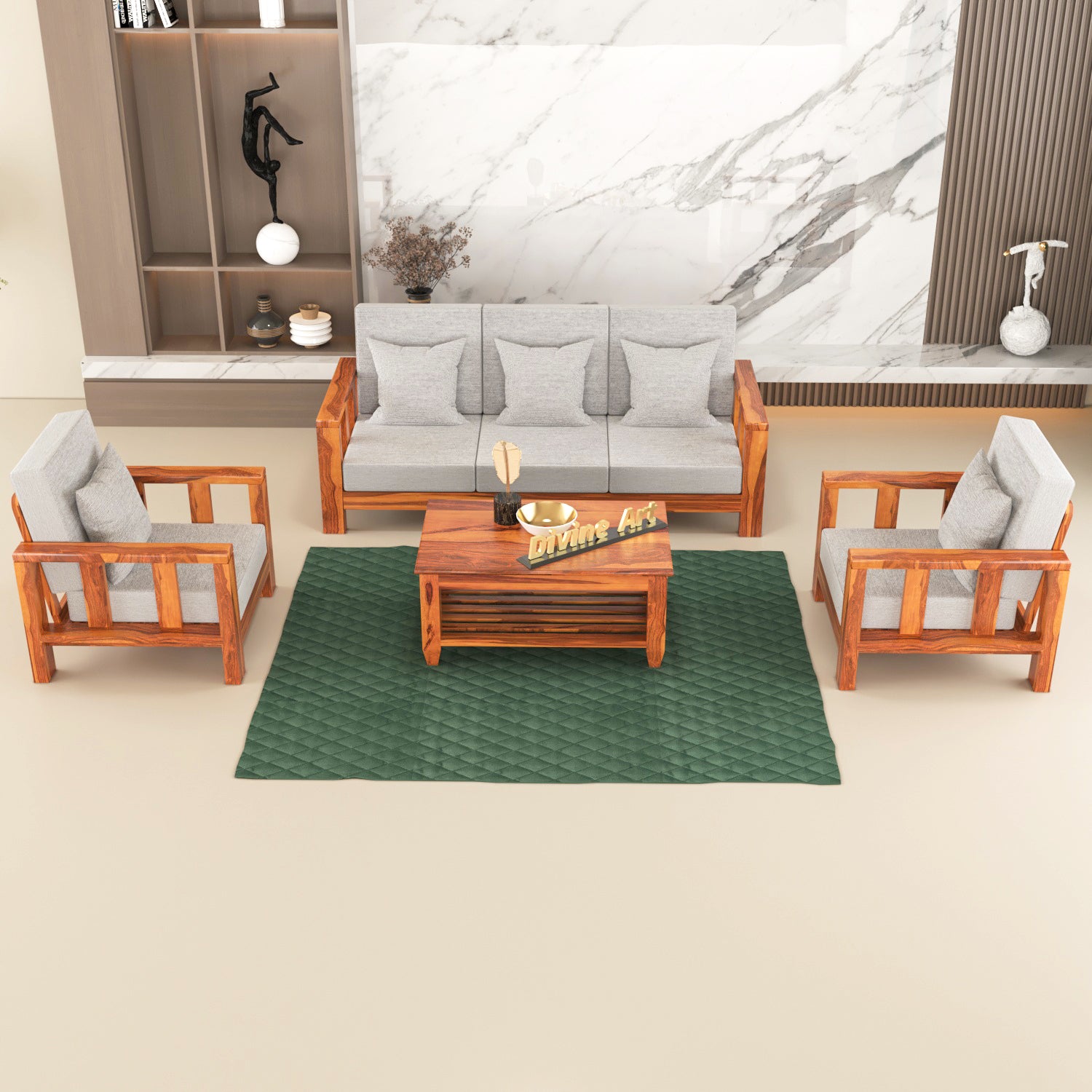 Solid Sheesham Wood 5 Seater Wooden Sofa Set | Natural Finish