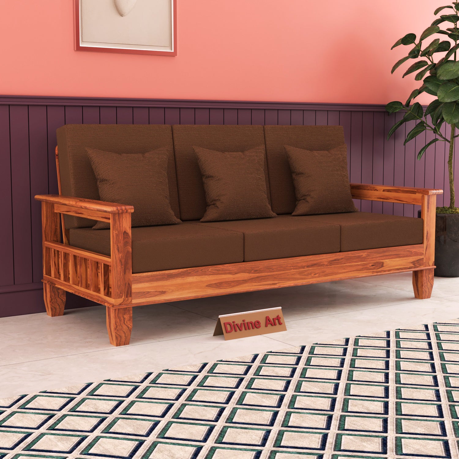 Solid Sheesham Wood 3 Seater Sofa  For Livingroom– NaturalFinish