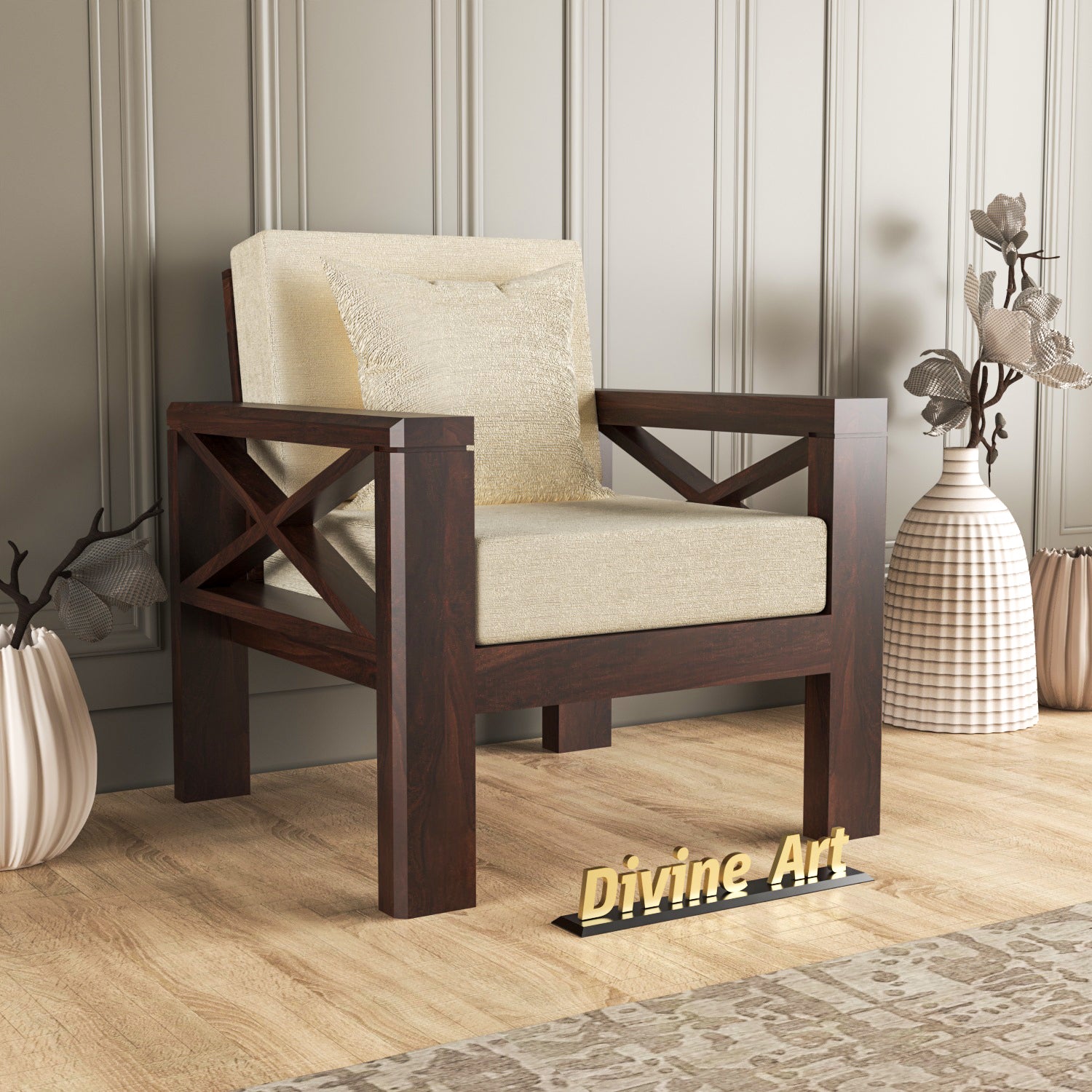 Drivora Sheesham Wood 1 Seater Sofa | Walnut Finish