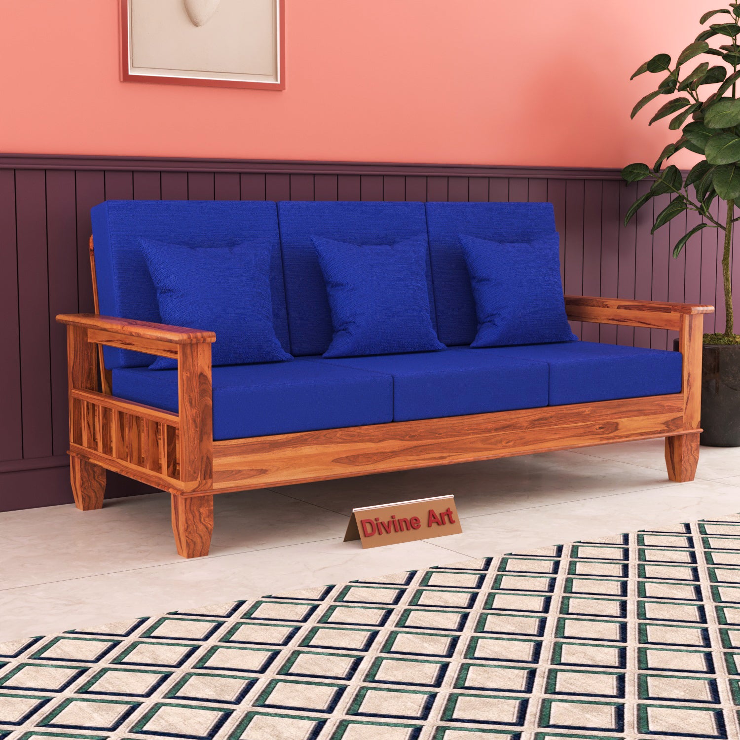 Solid Sheesham Wood 3 Seater Sofa  For Livingroom– NaturalFinish