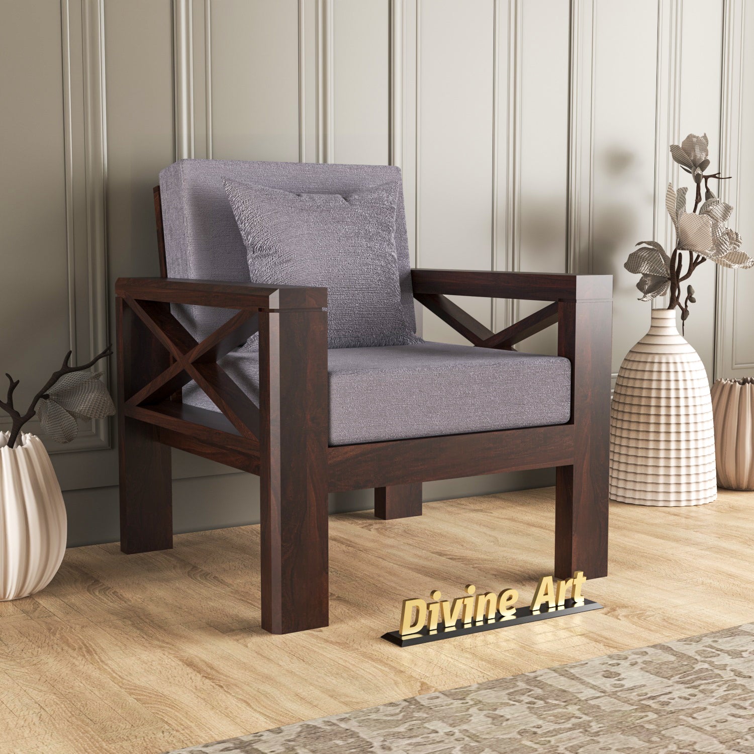 Drivora Sheesham Wood 1 Seater Sofa | Walnut Finish