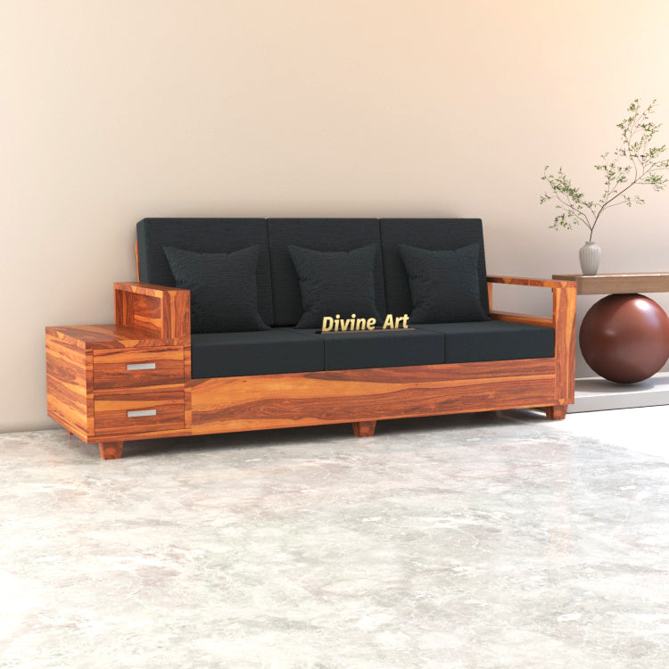 Luneth Sheesham Wood 3 Seater Sofa with Side Box Drawer | Natural Finish