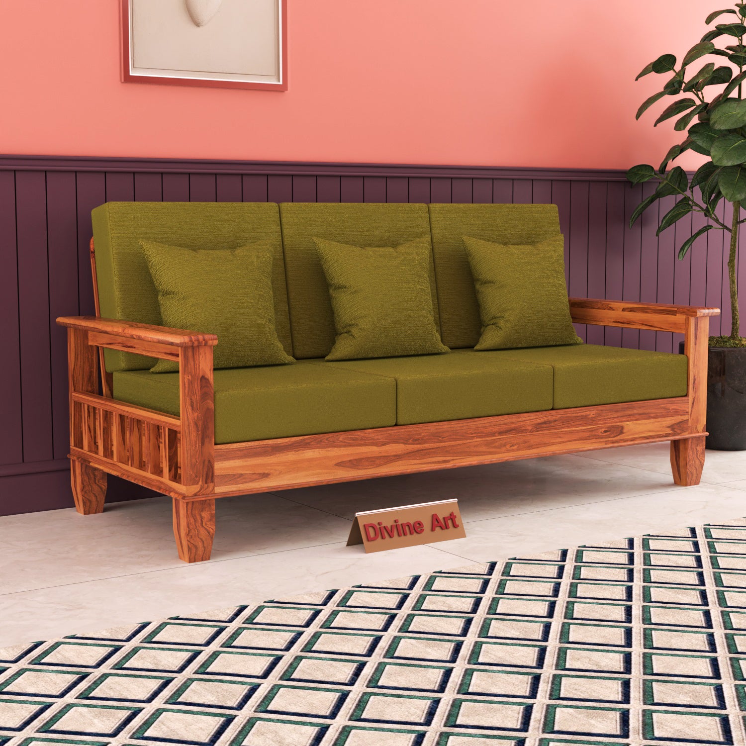 Solid Sheesham Wood 3 Seater Sofa  For Livingroom– NaturalFinish