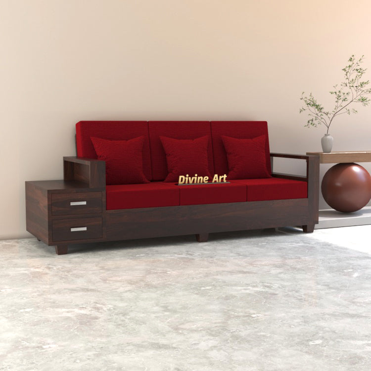Luneth Sheesham Wood 3 Seater Sofa with Side Box Drawer | Walnut Finish
