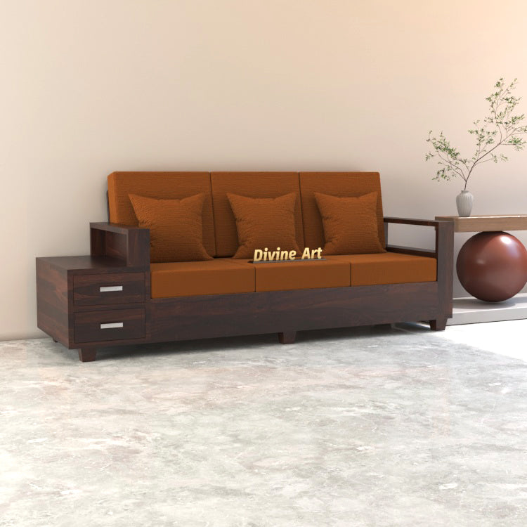 Luneth Sheesham Wood 3 Seater Sofa with Side Box Drawer | Walnut Finish