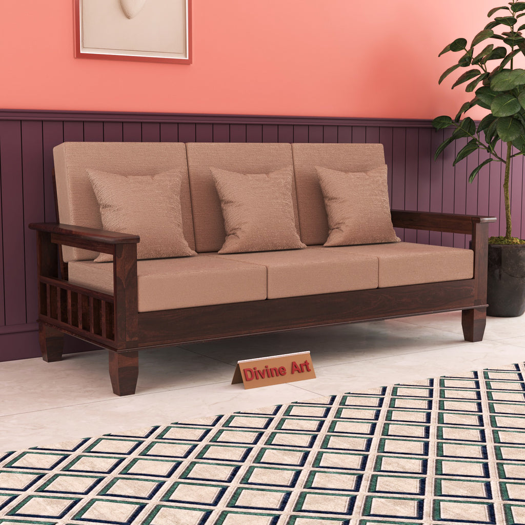 Solid Sheesham Wood 3 Seater Sofa – Walnut Finish