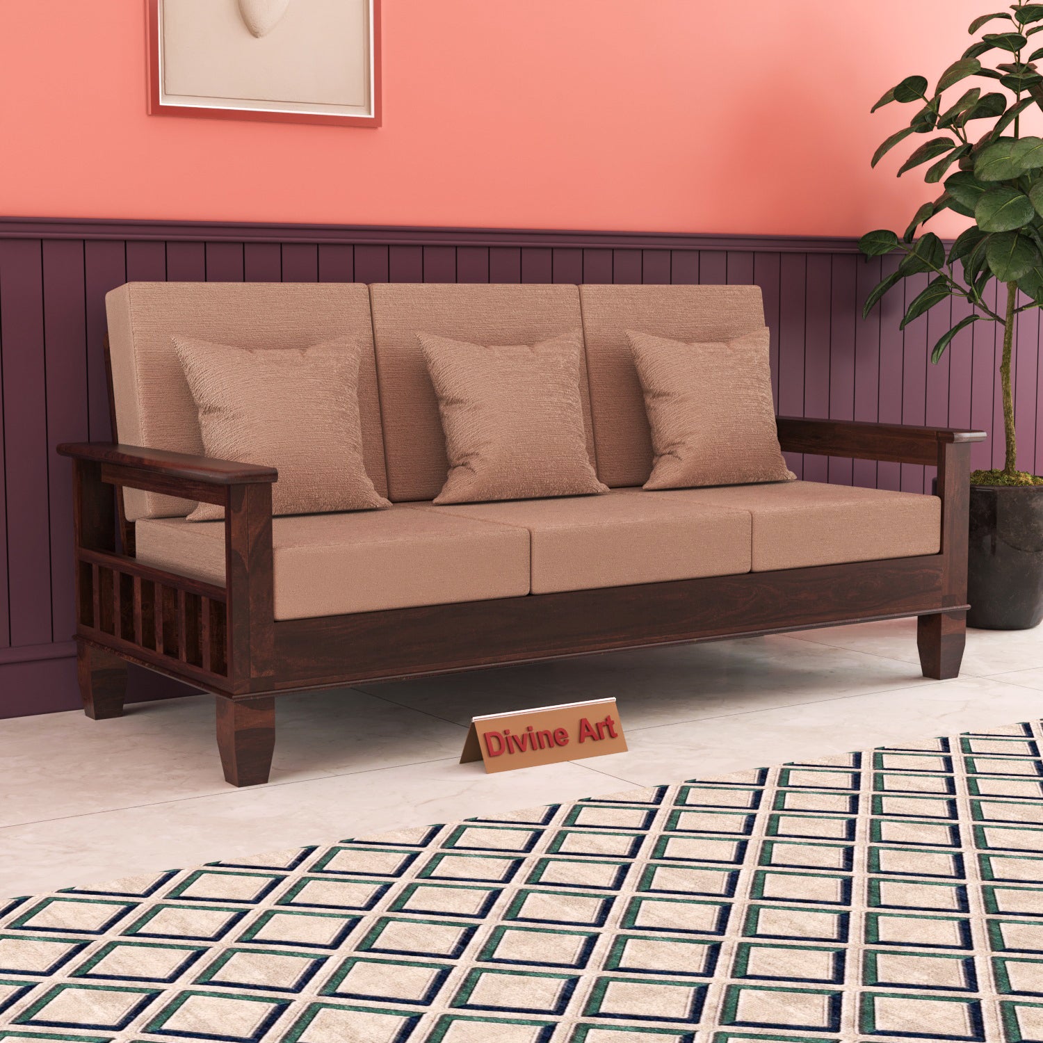 Solid Sheesham Wood 3 Seater Sofa – Walnut Finish