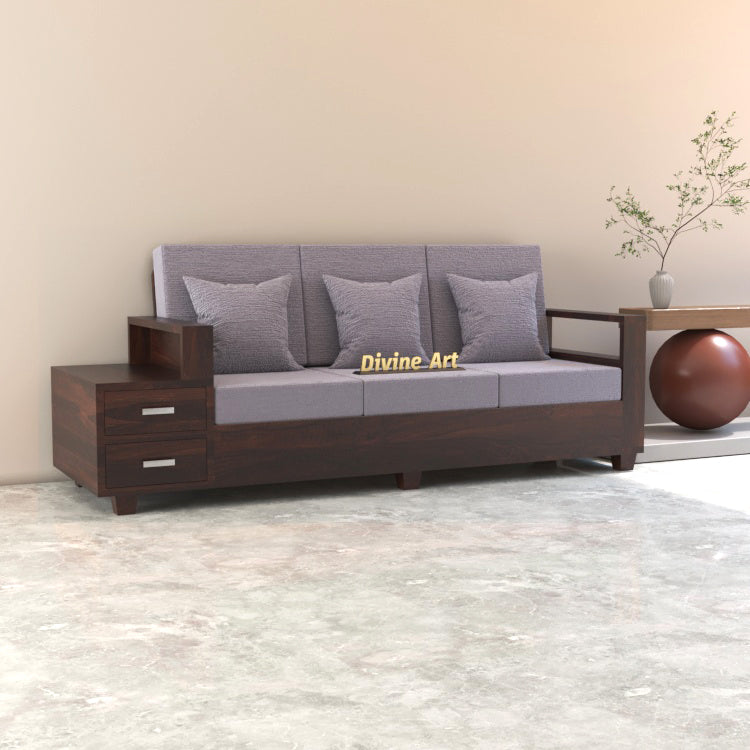 Luneth Sheesham Wood 3 Seater Sofa with Side Box Drawer | Walnut Finish