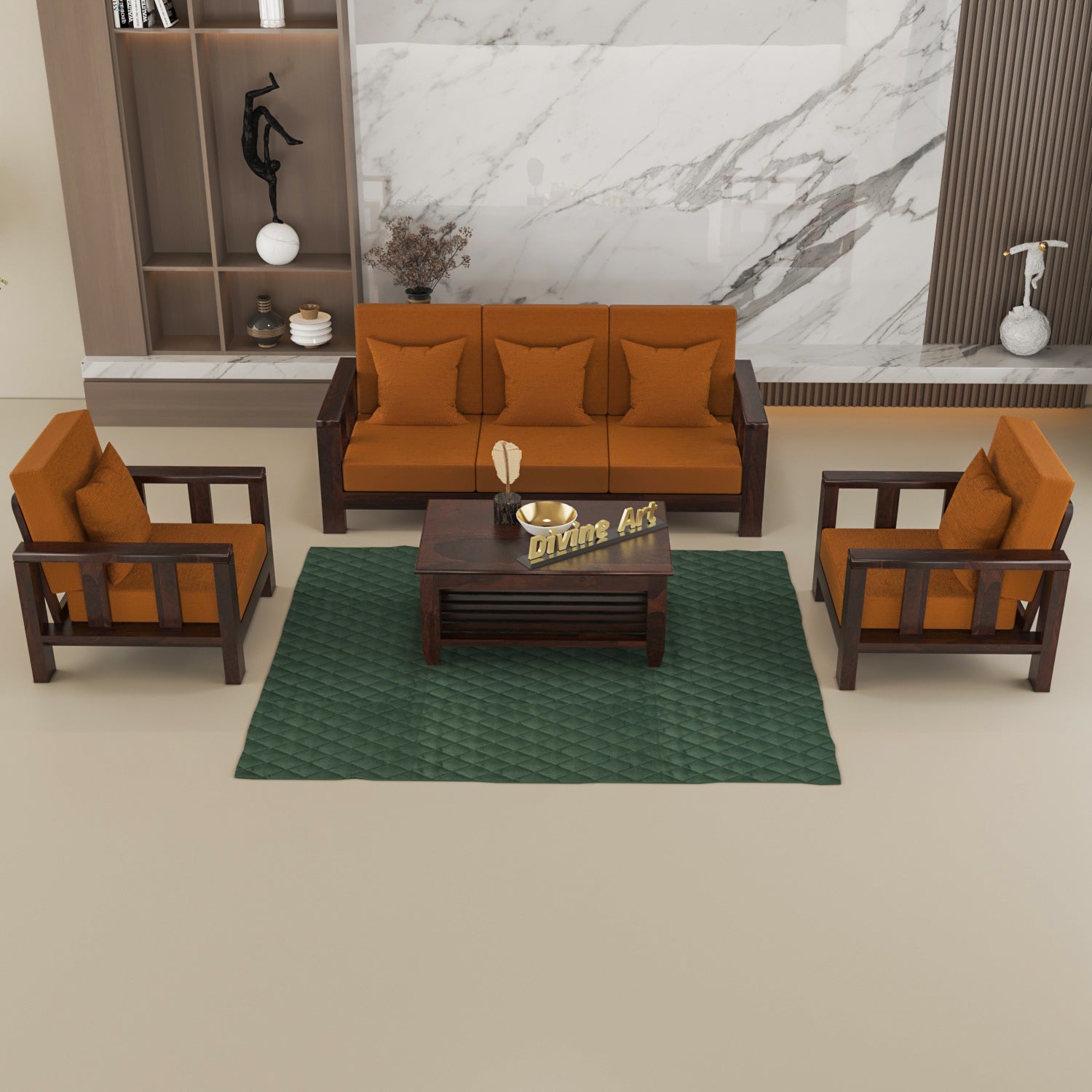 Solid Sheesham Wood 5 Seater Wooden Sofa Set | Walnut Finish