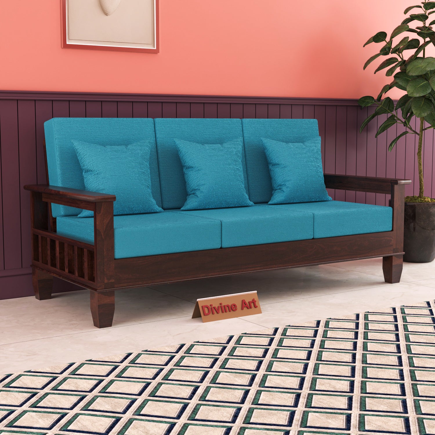 Solid Sheesham Wood 3 Seater Sofa – Walnut Finish