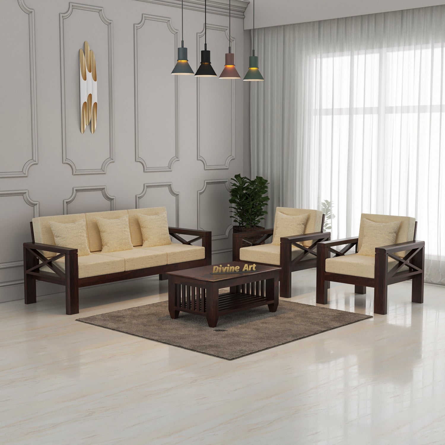 Boston Sheesham Wood 5 Seater Sofa Set | Walnut Finish