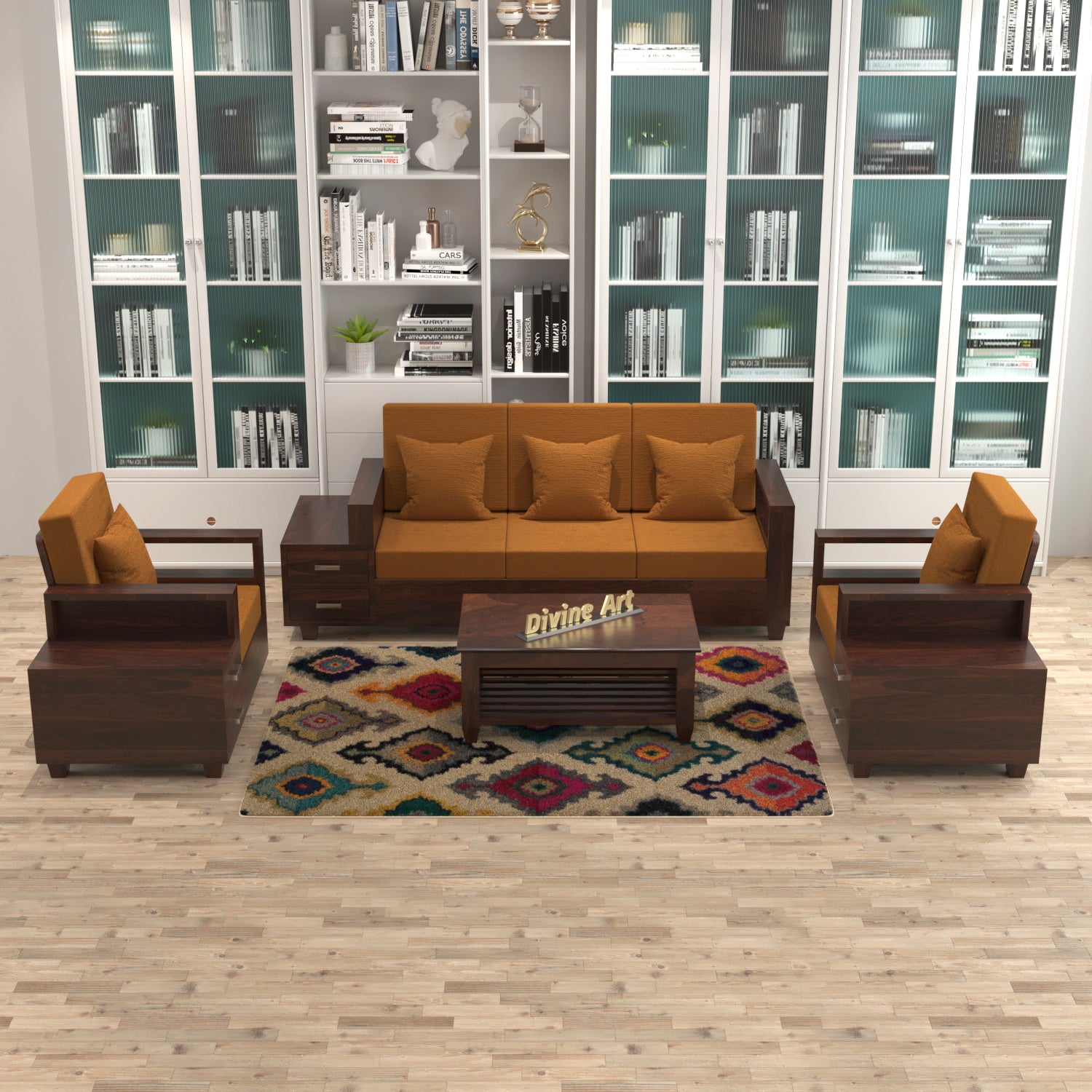 Solid Sheesham Wood 3+1+1 Sofa Set with Side Drawers | 3 Years Warranty