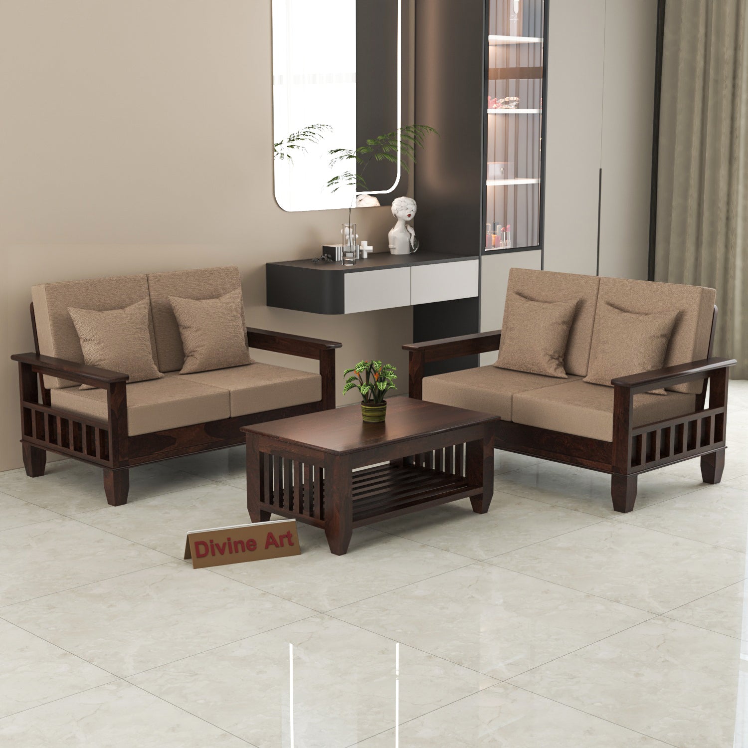 Solid Sheesham Wood 4 Seater Wooden Sofa for Living Room | Walnut Finish